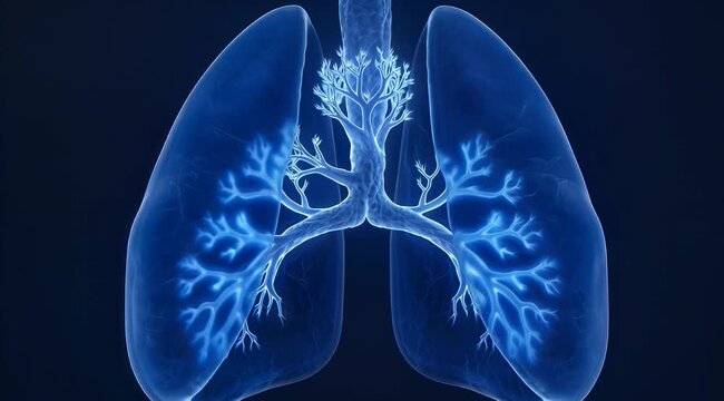 Glowing human lungs with branching airways animation, seamless loop, symbolizing respiratory health and medical science
