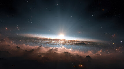 Fototapeta premium Space background with colorful nebula Galaxy Cloud. Bright galaxy shimmering neon blue purple colors with distant stars. Mysterious alien star system purple green planets orbiting a bright glowing sun