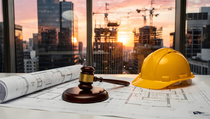 Fototapeta premium Architectural blueprints, construction hardhat, and gavel on a desk overlooking a vibrant city skyline and building sites at sunset, symbolizing construction law