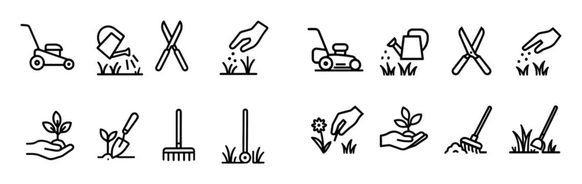 Gardening icons with lawn mower hand plant minimal
