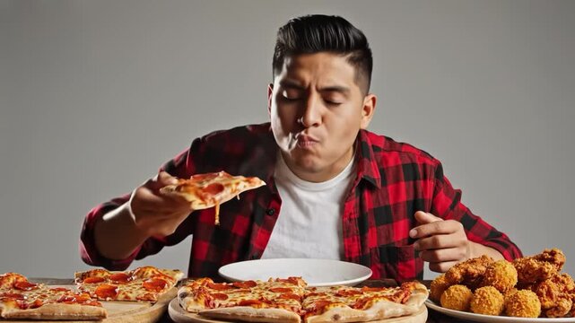 Man eating a large slice of pepperoni pizza with extreme cheese pull