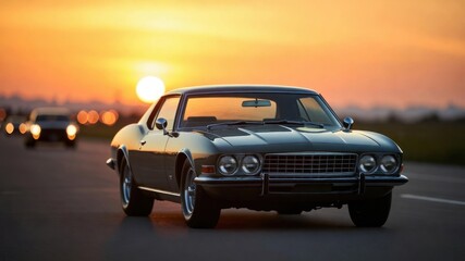 Fototapeta premium Vintage car driving at sunset.