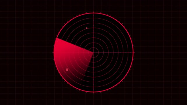 Red alert cyber radar sweep scanning circular grid interface with glowing signals. Futuristic warning detection system animation seamless loop.