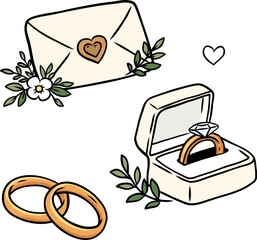 Wedding rings with engagement ring box and romantic envelope illustration with floral accents, perfect for wedding invitations, love themed designs © PinkBirdDesign
