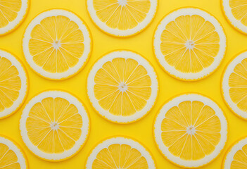 Fototapeta premium Sliced Lemons on Yellow Background lemon slices citrus fruit slices