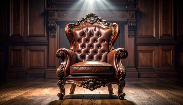 Antique Mahogany Carved Armchair with Embossed Leather Upholstery and Ornate Details