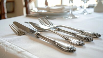 An ornate collection of antique silver cutlery including forks spoons and knives displayed on a formal dining table