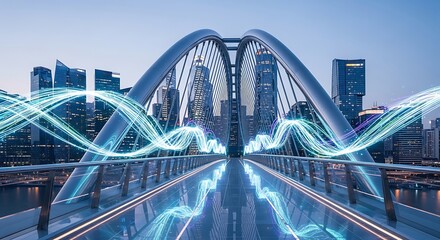 Fototapeta premium Futuristic Cityscape Bridge with Neon Lights.