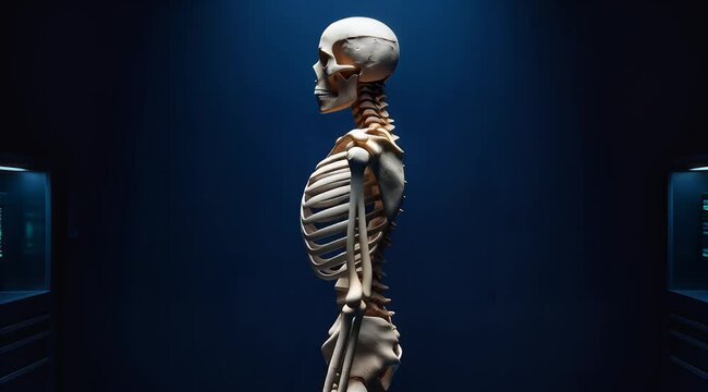 Rotating human skeleton model in a dark blue laboratory setting with cinematic lighting, symbolizing medical education and anatomical study