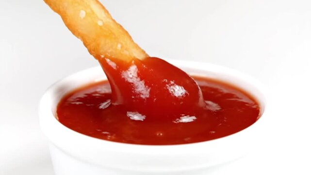 French fry dipped in ketchup sauce.