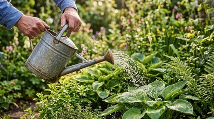 Gardener watering lush green plants with metal watering can outdoors