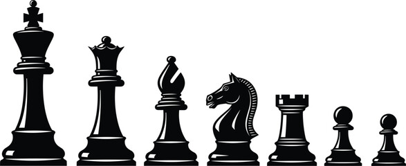 Black silhouette of chess pieces king queen bishop knight rook and pawns game strategy © Nargis