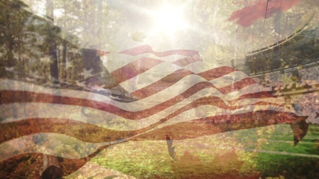 Animation of autumn leaves falling over flag of usa and park