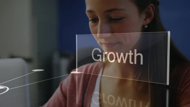 Animation of network of connections over caucasian schoolgirl taking notes