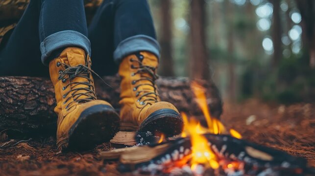 Hiking boots by campfire