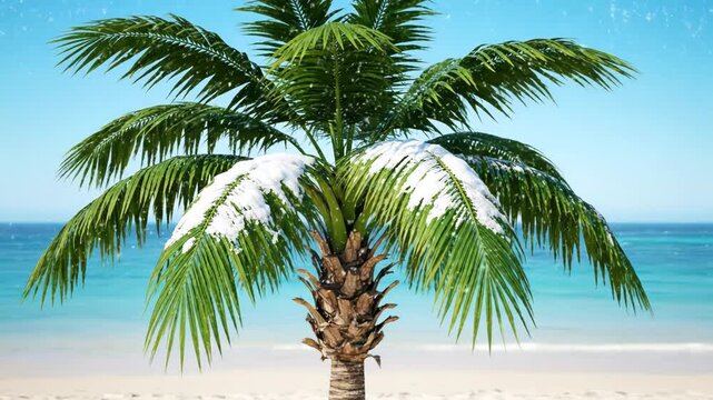 A lone palm tree stands on a sandy beach, adorned with fresh snow. The tropical scene contrasts with winter's gentle, falling snowflakes.