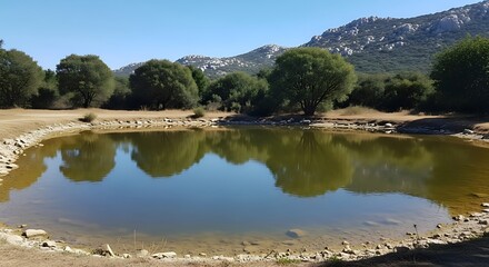 Obraz premium Trees and rocky hills reflect in a tranquil pond under a clear blue sky.