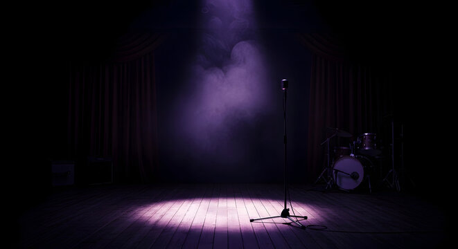 Empty stage with vintage microphone under spotlight and drum set in background ready for performance or concert