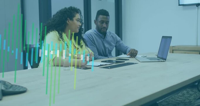 Mathematics concept icons against mid section of diverse businesswomen using computer at office