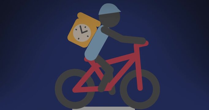 A delivery man on a bike with a clock on his bag, set against a black background