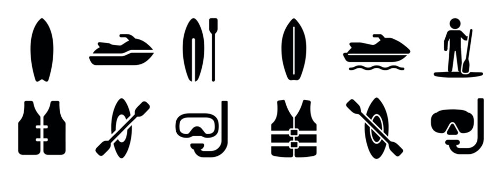 Water sports icons with surfboard jet ski paddleboard bold