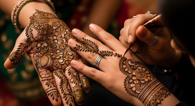 Close-up of intricate henna or mehendi design being applied on a woman's hand. Traditional Indian bridal makeup and body art for wedding celebrations.