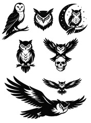 Fototapeta premium Owl Silhouette Icon Set – Nocturnal Bird Vector Collection
