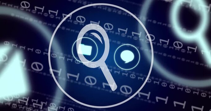 Magnifying glass and search icons animation over binary code background