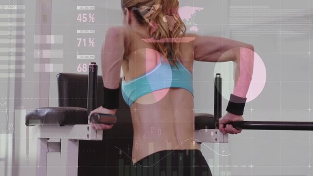 Fitness data and statistics animation over woman exercising on dip bars