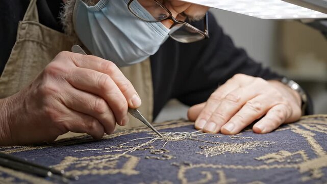 Craftsman embroiders gold thread on blue fabric with needle. Artisan creates embroidery on fabric. Senior craftsman works with gold thread. Embroiderer stitches pattern on blue textile.