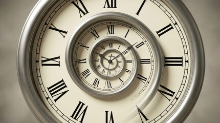Roman Numeral Clock Face with Spiral Distortion Symbolizing Time Concept