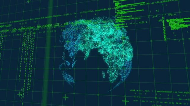 Neon network globe spinning in dark data visualization space, showing green glitch lines and nodes