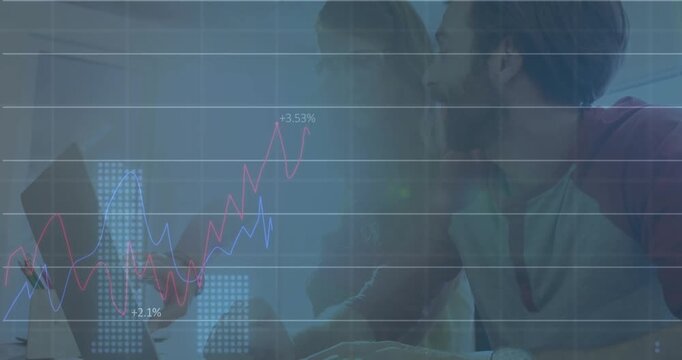 CFO leaning over analyst pointing at screen displaying line and rising bars tracking growth