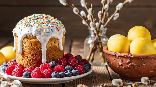 Easter cake with white icing and colorful berries, yellow eggs in bowl, and willow branches on rustic table capture spring celebration. Traditional Easter food and festive arrangement
