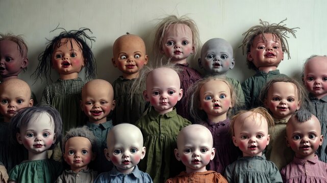 Eerie collection of vintage porcelain dolls with diverse expressions.