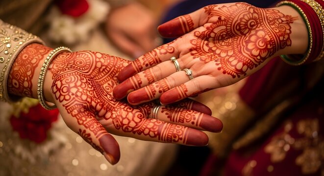 Traditional Hindu Puja Kalash with coconut and mango leaves on a brass pot. Sacred Indian wedding ceremony ritual set against a blurred background of a priest and festive decorations.