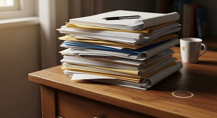 Stack of papers on wooden desk.