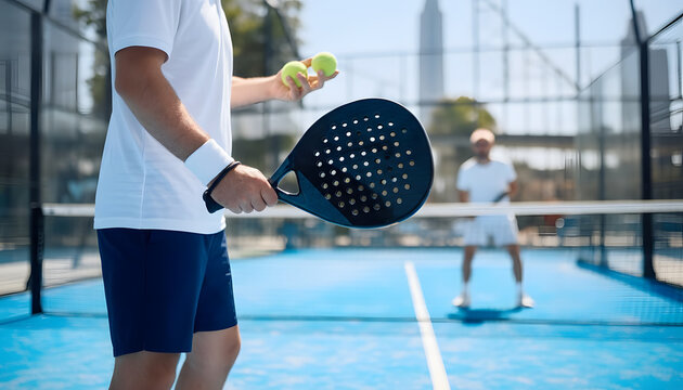 Athletic Men Playing Padel Tennis Match on Outdoor Blue Court