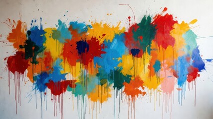 Vibrant abstract paint splatter on white wall exploding with colorful creativity.