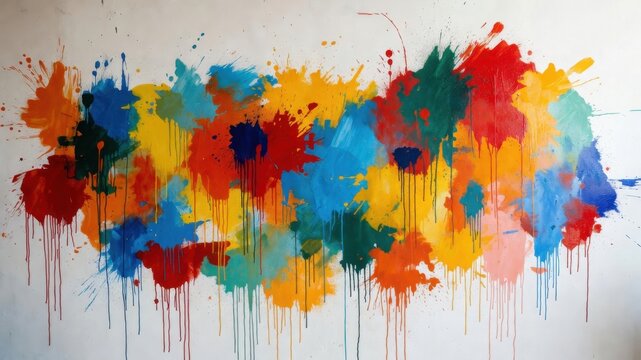 Vibrant abstract paint splatter on white wall exploding with colorful creativity.