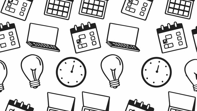 Seamless pattern with hand drawn business icons like calendar clock and lightbulb on a white background