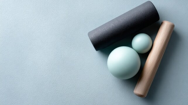 Set of massage tools: roller, ball, and stick, aesthetic flatlay, gym floor background