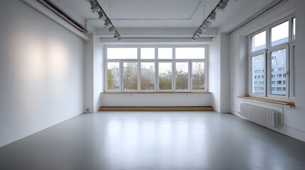 Fototapeta premium Empty modern studio space with large and bright natural light overlooking an urban view