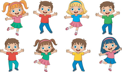 Collection of diverse flat design children characters, including students with backpacks, casual outfits, and an elderly man, isolated on white
