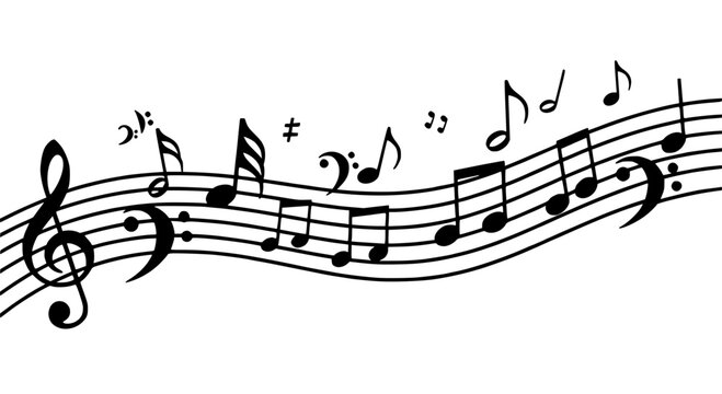 Musical notes with treble clef and various symbols on staff featuring music, sheet music, quarter note with eighth note