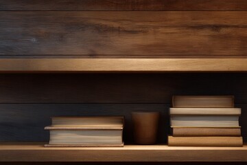 Fototapeta premium Minimalist bookshelf display, wooden textures, cozy library atmosphere