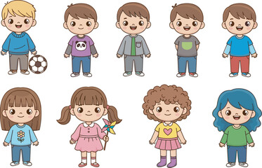 Diverse collection of cute cartoon children characters playing with soccer ball and pinwheel wearing colorful casual clothes on white background,
