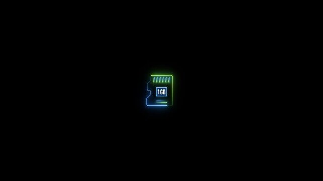 Micro S D card a GB icon glowing neon line motion graphic animation on black background. Data memory chip concept, memory card symbol.