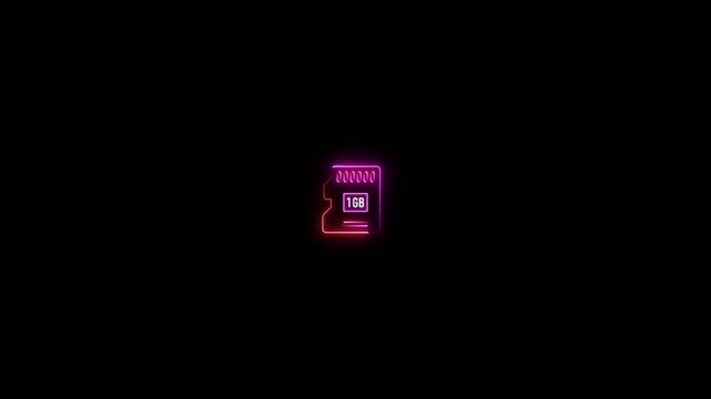 Micro S D card 1 GB icon glowing neon line motion graphic animation on black background. Data memory chip concept, memory card symbol.