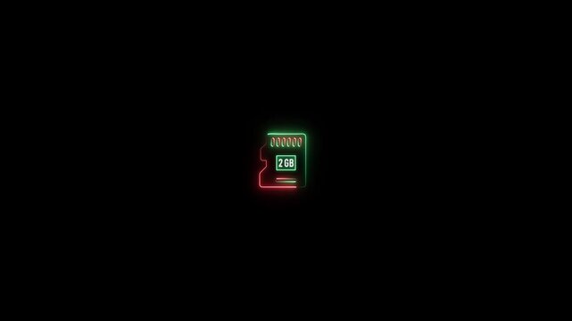 Micro S D card 2 GB icon glowing neon line motion graphic animation on black background. Data memory chip concept, memory card symbol.
